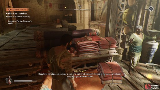 Interact with the items in the stall until the merchant tells you about the hairpin.