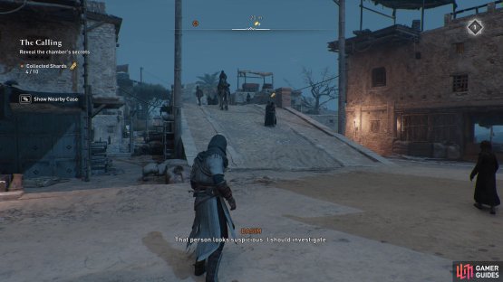 You may need to roam the main streets to find the NPC wandering alongside some guards.