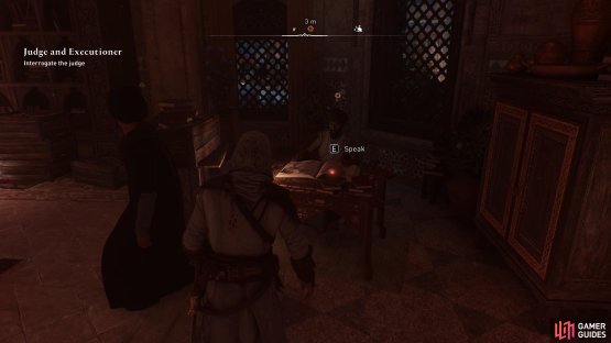 Speak with the judge in the court and bribe him for information using Scholar Tokens.
