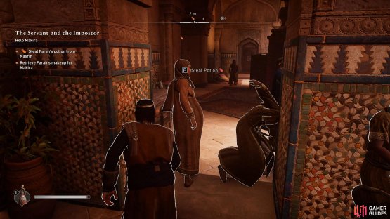 Find Nasrin wandering the Harem and steal the potion from her pouch.