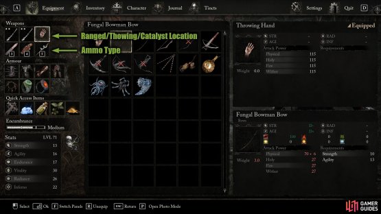 In the inventory screen, you can select what Ranged Weapon you want to use which is either Bows, Crossbows, Catalysts, or Throwing. Selecting the slot will bring up all your options.