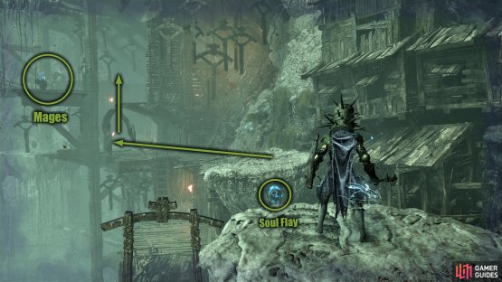 Switch to Umbral Realm, stand on the platform, Soul Flay to pull it across then follow the path up the ladder.
