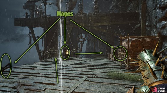 Outside, there will be three mages, one in front of you and two of them hidden on either side. Defeat them and jump across the hanging platform.
