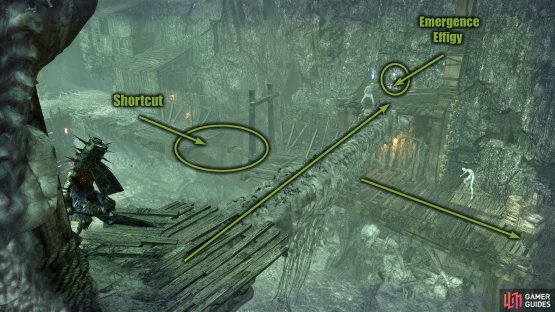 Follow it around and go across the bone beam. Here, you&rsquo;ll find an effigy to exit the Umbral Realm. Now, drop and kick the plank to open a shortcut.