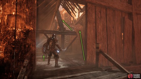 From the Alehouse Vestige, climb the ladder to the left of it (if looking at it) and climb the wooden planks to the roof.