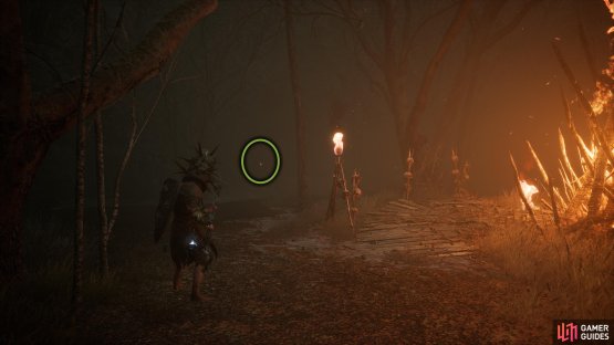 Go back toward the bonfire, and look left. There will be a cave in the distance with vines you’ll need to attack. The Petrified Woman is in that cave.