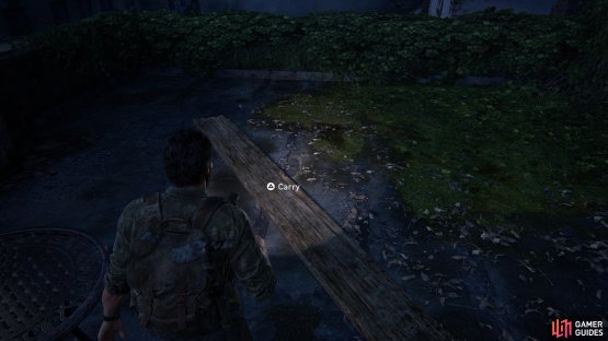 then head up to the roof and use the plank to get across. 