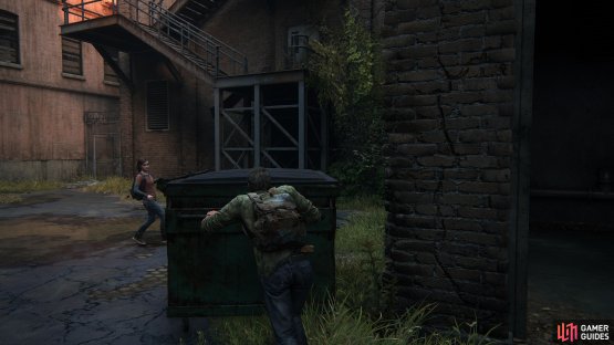 then follow the path along and use the bin to reach the stairs. 