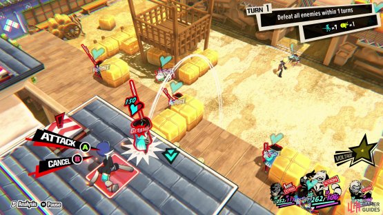 Yusuke has an easier time of things, as a vulnerable enemy is just waiting for him to shove off the roof, earning a One More in the process.