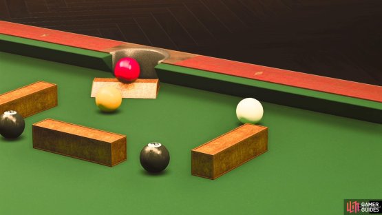 If done with enough power, the yellow ball will knock the red one over the ramp and into the pocket.
