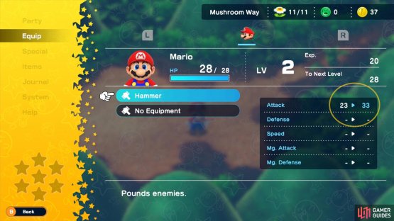 then you can equip new weapons and gear. You can check their stats to the right.