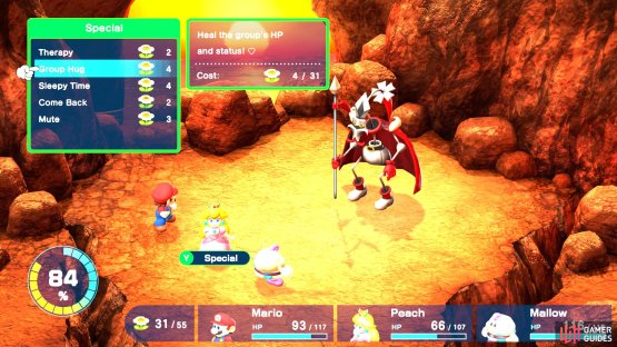 Whenever Speardovich uses Water Blast, heal up with Peach&rsquo;s Group Hug.