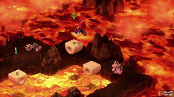 Jump onto the platforms to reach a Frog Coin, just don&rsquo;t delay, as the platforms will fall into the lava if you tarry too long.