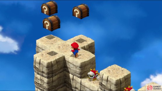 Defeat him and jump to the end of the are to find three chests.