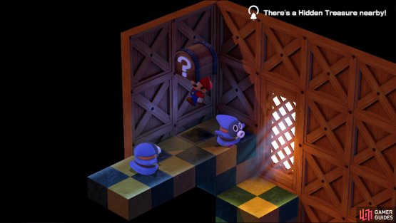 In the second area, jump up some blocks and find a hidden treasure near the upper corner of the second screen, inside of which is a Frog Coin
