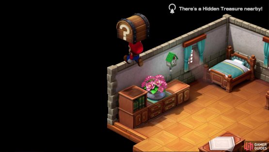 Enter the inn, head upstairs, and jump on a bookshelf to find a hidden treasure.