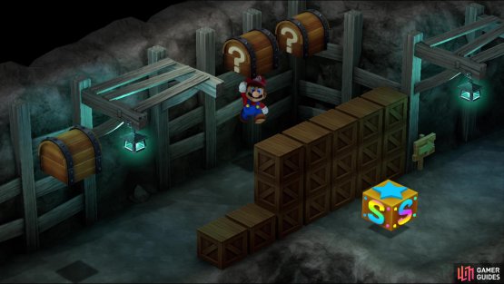 Make your way behind up a ledge to reach three chests in the far side of the Save Point room.