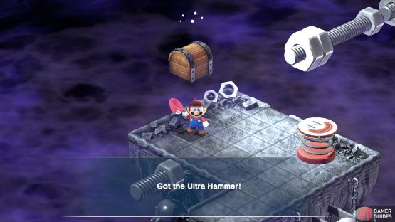 The Ultra Hammer can be found in the room with the bolt bridge, which is only reachable via the spring.