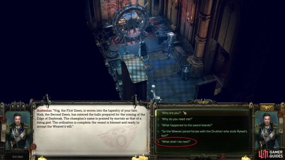 Place the shards on the altar, and pray to the Chaos God. Select &ldquo;What shall I do next?&rdquo; to continue the quest.