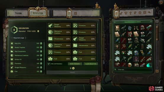 By selecting the Reputation tab on a merchant, you&rsquo;ll find out which cargo offers the most reputation.