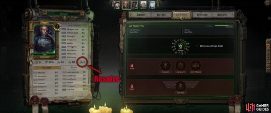 Resolve can be found on the character sheet underneath the attributes. It is the icon on the far right.