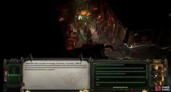 The cogitator in the guard room can be mistaken for a puzzle due to its undecoded binary,