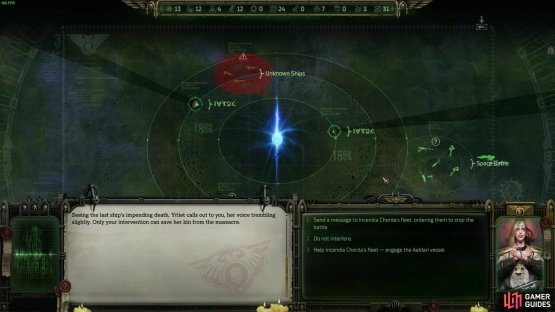 You have a choice to either save the Aeldari by coming to its rescue or persuade the imperials to stop firing or fire at the ship. All options fail to contact the Aeldari vessel regardless.