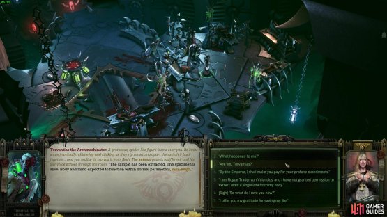 After beating the first arena battle, the Stranger will tell you to meet flesh man. In other words, go to the Opera in the top right of the chasm and speak to Tervantias.