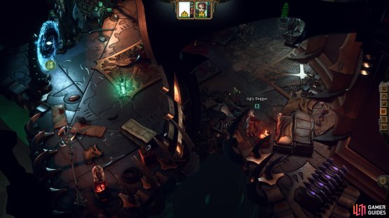 The Ugly Beggar is located near the Mangled Lift. Kill it for an achievement, to get your boots back, and to get some Stimms to revive Abelard if your roll checks fail you.
