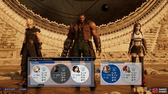 Then press the [Square] button to reach a submenu where you can swap characters between the frontline and backline.
