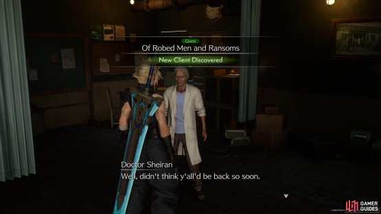 Once the story cutscene is complete, a quest marker should show up above his head allowing you to start Of Robed Men and Ransoms.