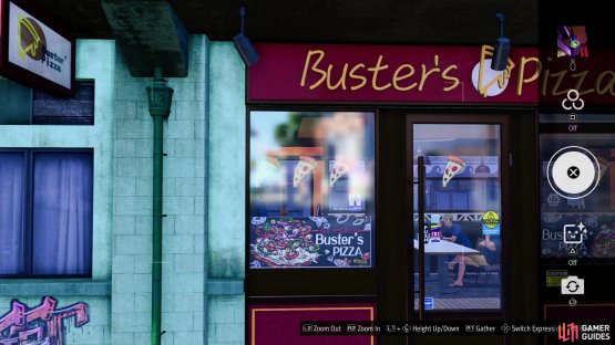 and take a picture of the Buster&rsquo;s Pizza window.