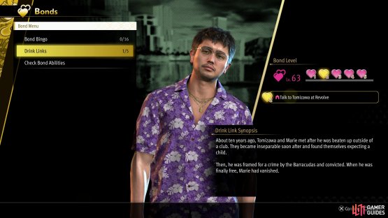 Check the Bonds option in the menu to see various useful stats about your Bond Level, including your progress, Drink Link synopses, and any bonuses you&rsquo;ve unlocked.