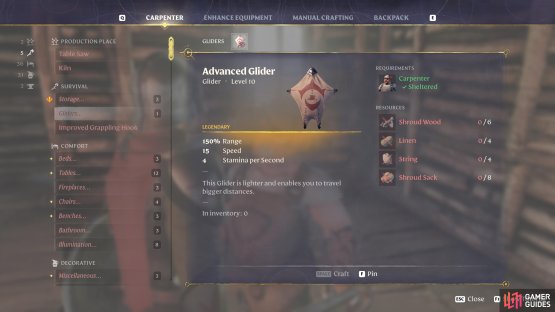 You’ll want Shroud Sacks, predominantly for the Advanced Glider.