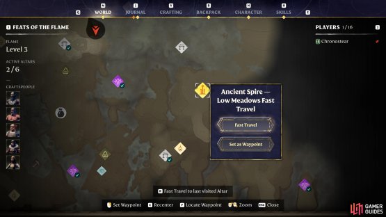 Select one of the completed Ancient Spires to teleport there. When used in conjunction with your Glider, you can traverse great distances.