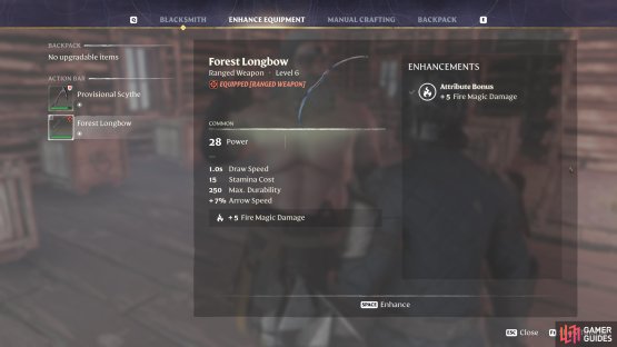 You&rsquo;ll see fewer enhancements available on a more basic weapon, such as this bow.