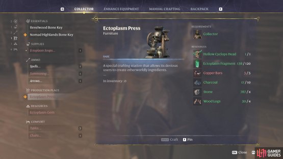 Be sure to craft the Ectoplasm Press before you venture out.
