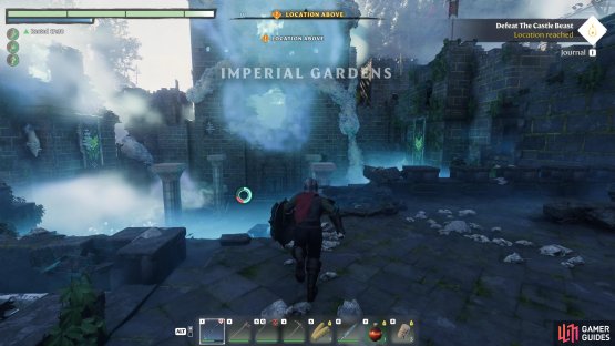The boss will spawn as soon as you jump into the courtyard north of the Imperial Gardens.