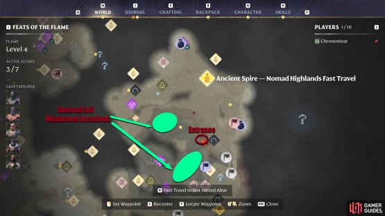 Use the Ancient Spire in the northeast to glide south to the Umber Hollow entrance. The green circles are the general location of the mushrooms.
