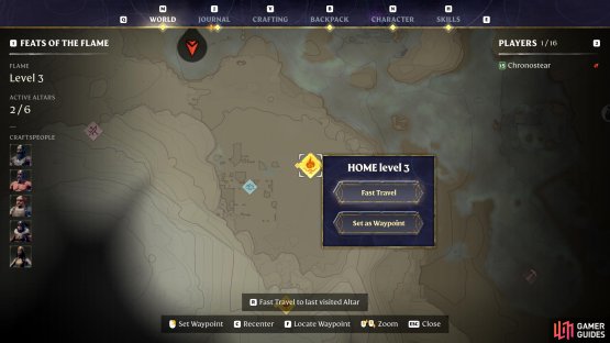 Open your map, and select the Flame Icon to travel to any Flame Altar you&rsquo;ve placed around the world.