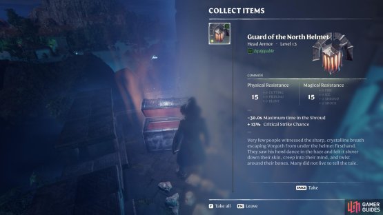 Once in the tower, go towards the balcony and check the final note and Chest for the Guard of the North Helmet.