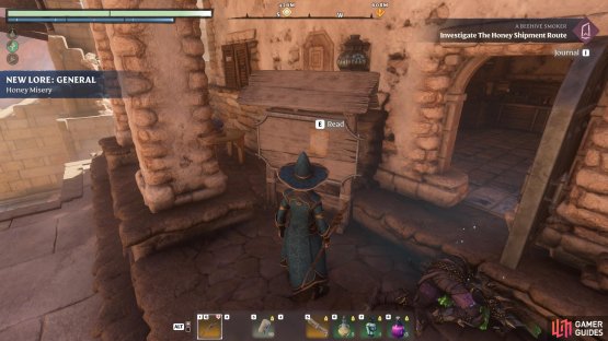 Jump through it, make your way to the first floor, and exit the tavern. Now read the note on the signboard.