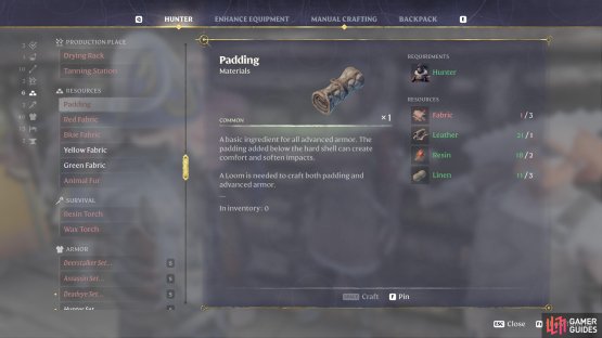 You can create padding in Enshrouded from the Hunter, requiring lots of Fabric in the process.