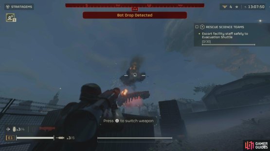 Once hit, the ship will crash to the ground, usually on the group of enemies right beneath it.