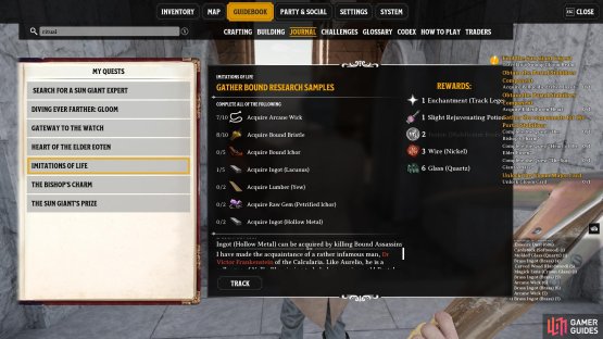 Speaking to him will give you the Imitations of Life quest, tasking you to acquire a shopping list of Bound materials.
