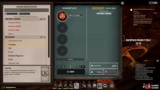 Coating is a recipe found in the Refined Mortar station, which is primarily used to create the next tier of Realm Cards via Coated Paper.