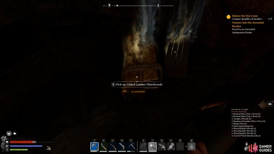 Use your axe to destroy the Fae Chests and loot the Hardwood.