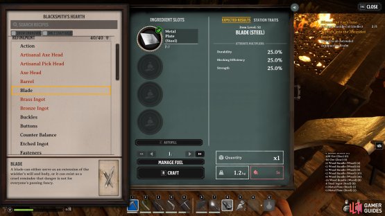 Be sure to select the steel Metal Plates to craft Steel Blades.