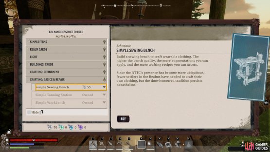 Head to the Essence Trader and purchase the Simple Sewing Bench