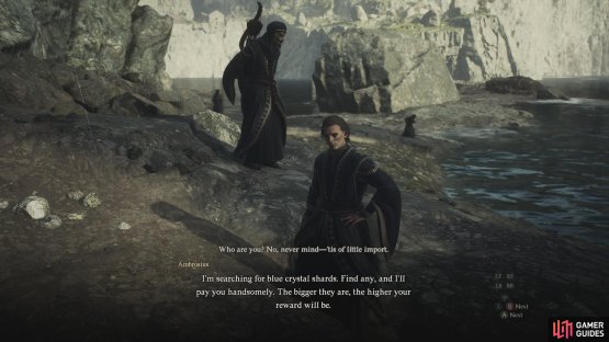 Ambrosius won&rsquo;t answer your questions until you find him some blue crystal shards.